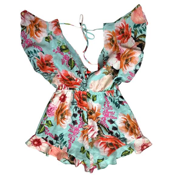 Tropical Floral Print Plunge Neck Romper Medium Flutter Ruffle Summer Resortwear - Picture 11 of 16
